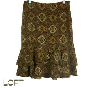 LOFT Brown Floral Print Pure Soft Wool  Academia Office Ruffle Skirt NWOT Size 8